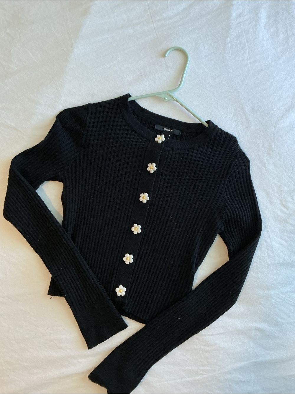 Forever 21 Black Ribbed Long-Sleeve Cardigan with Daisy Buttons